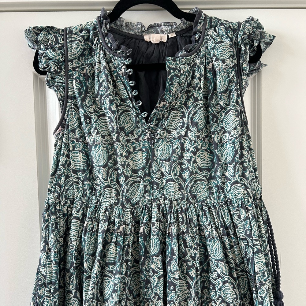 Anthropologie Let Me Be Ivy Ruffled Mini Dress Green Floral Size 2 Boho Chic - Picture 3 of 7